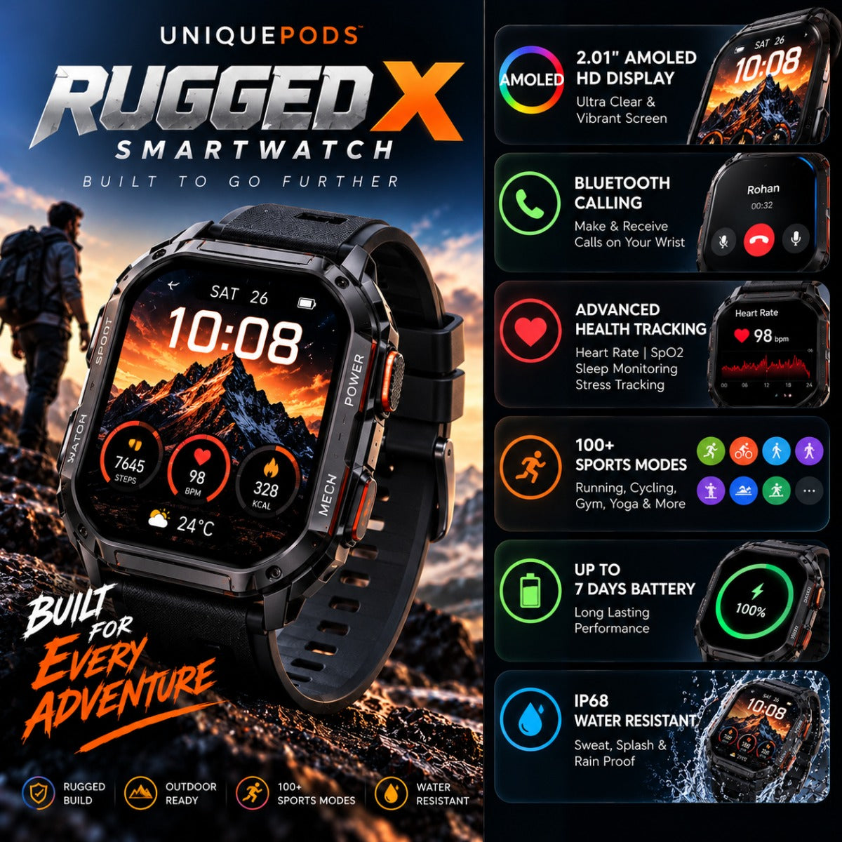 UniquePods Rugged X AMOLED Bluetooth calling smartwatch