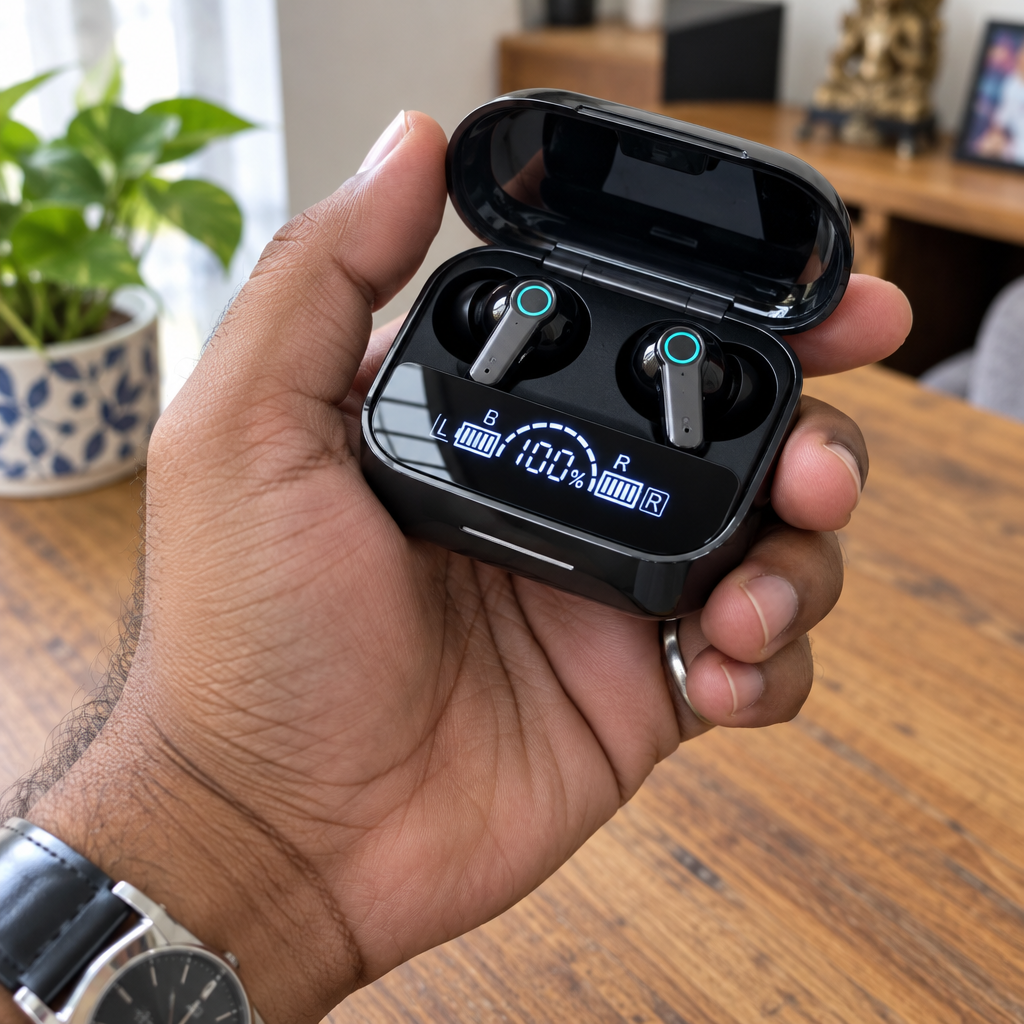 M19 Pro earbuds in hand