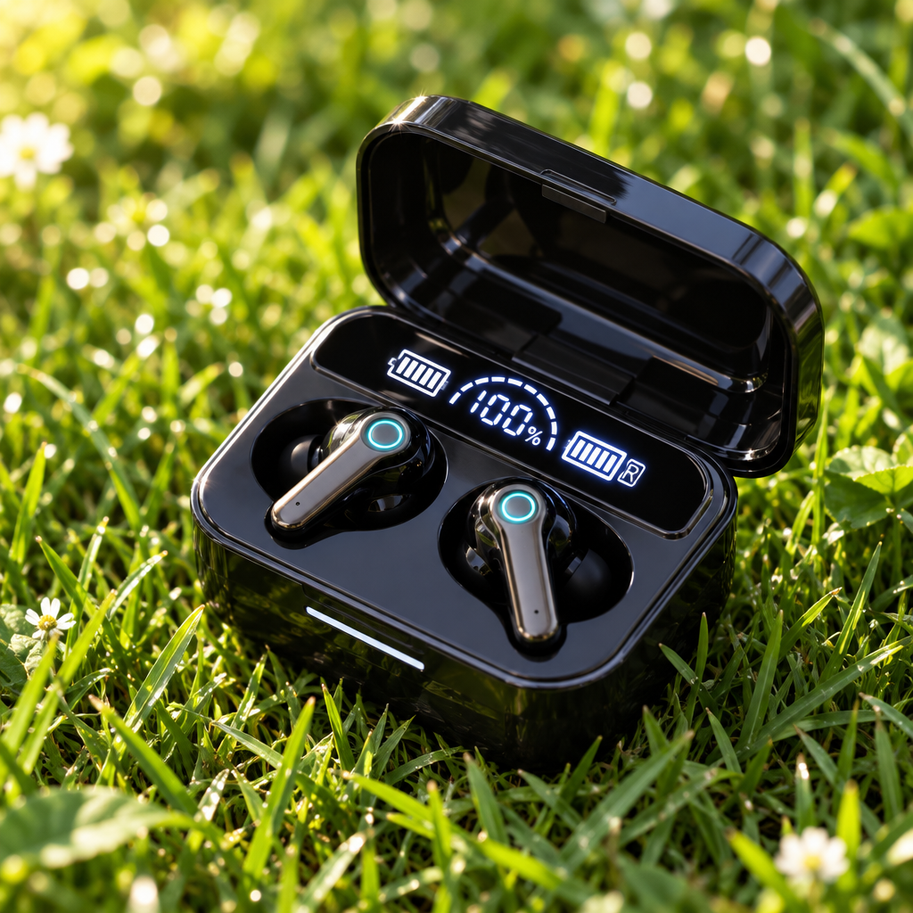 M19 Pro earbuds on grass