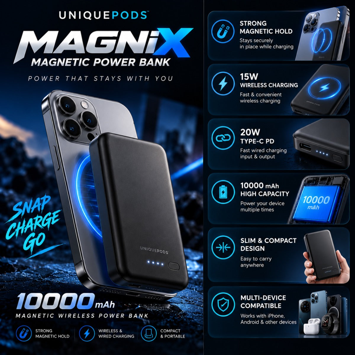 UniquePods Magnix 10000mAh magnetic wireless power bank