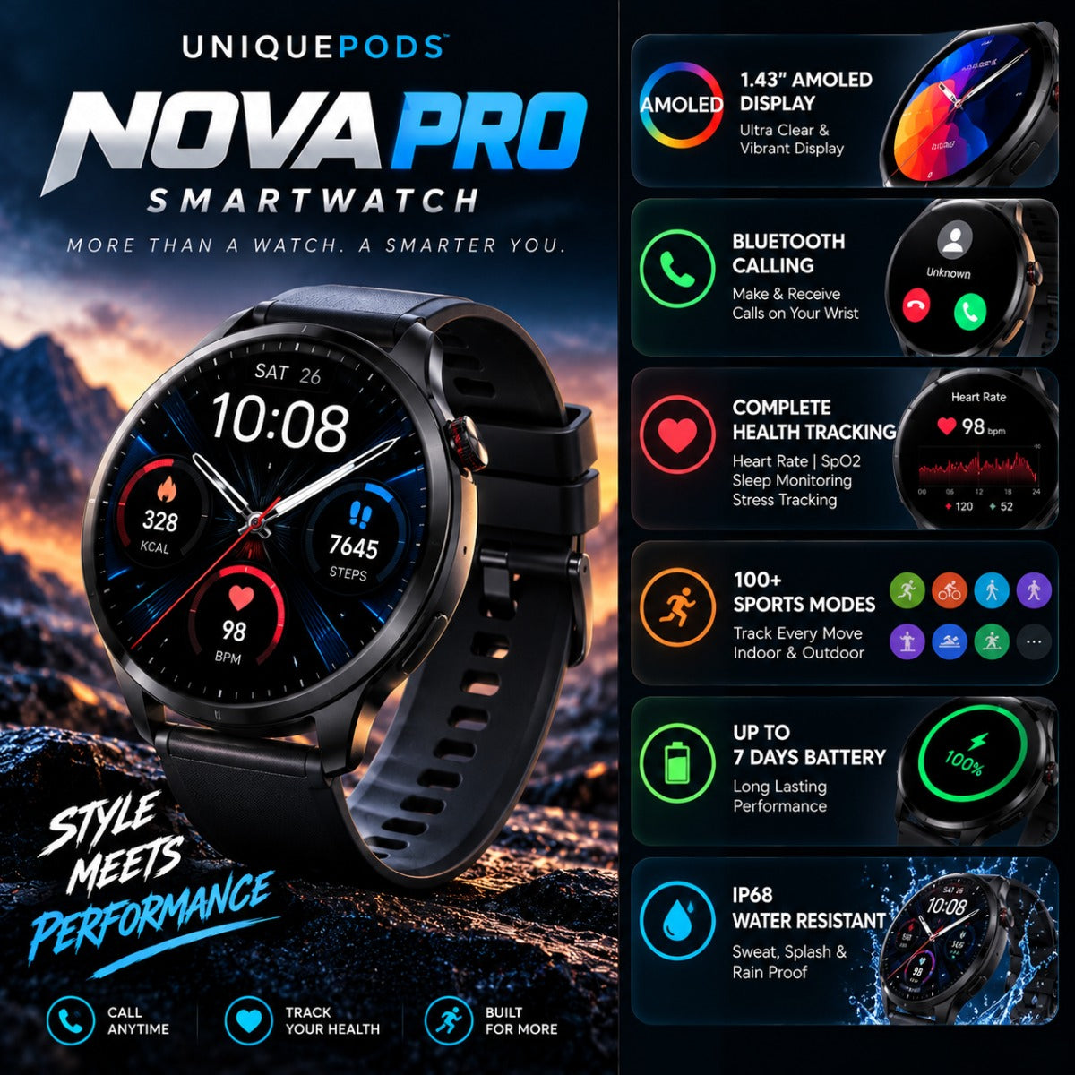 UniquePods Nova Pro AMOLED Bluetooth calling smartwatch