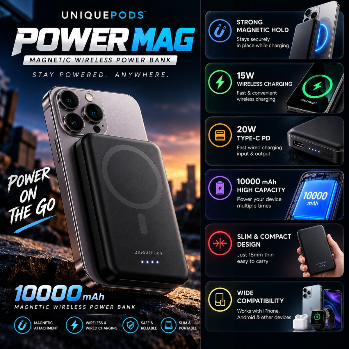UniquePods PowerMag 10000mAh magnetic wireless power bank