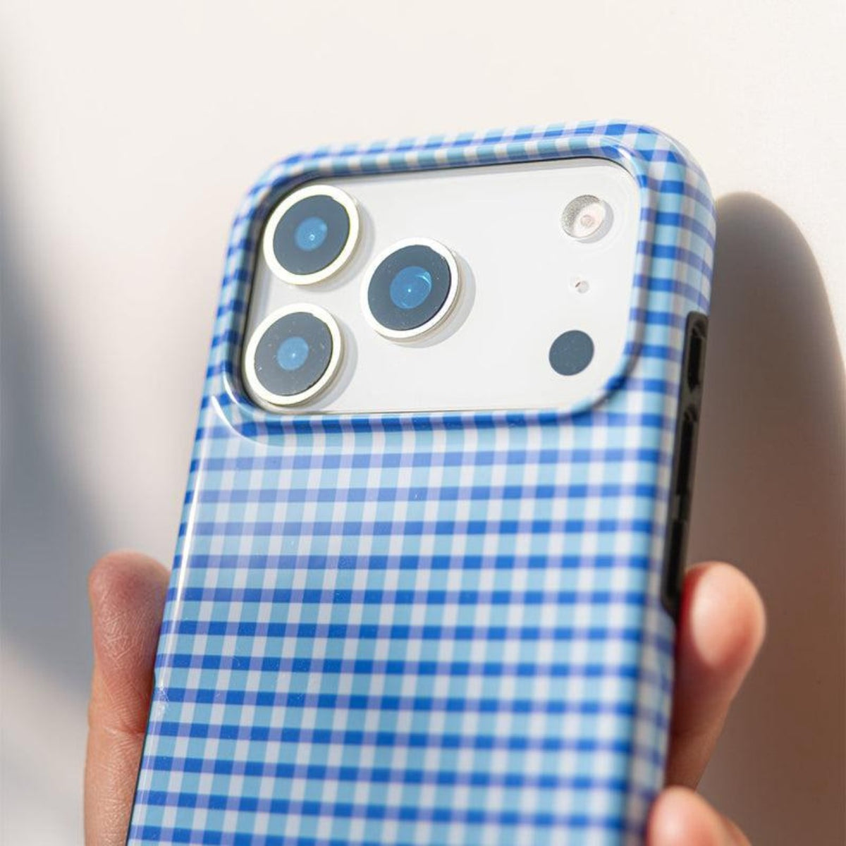 Blue gingham glossy iPhone case